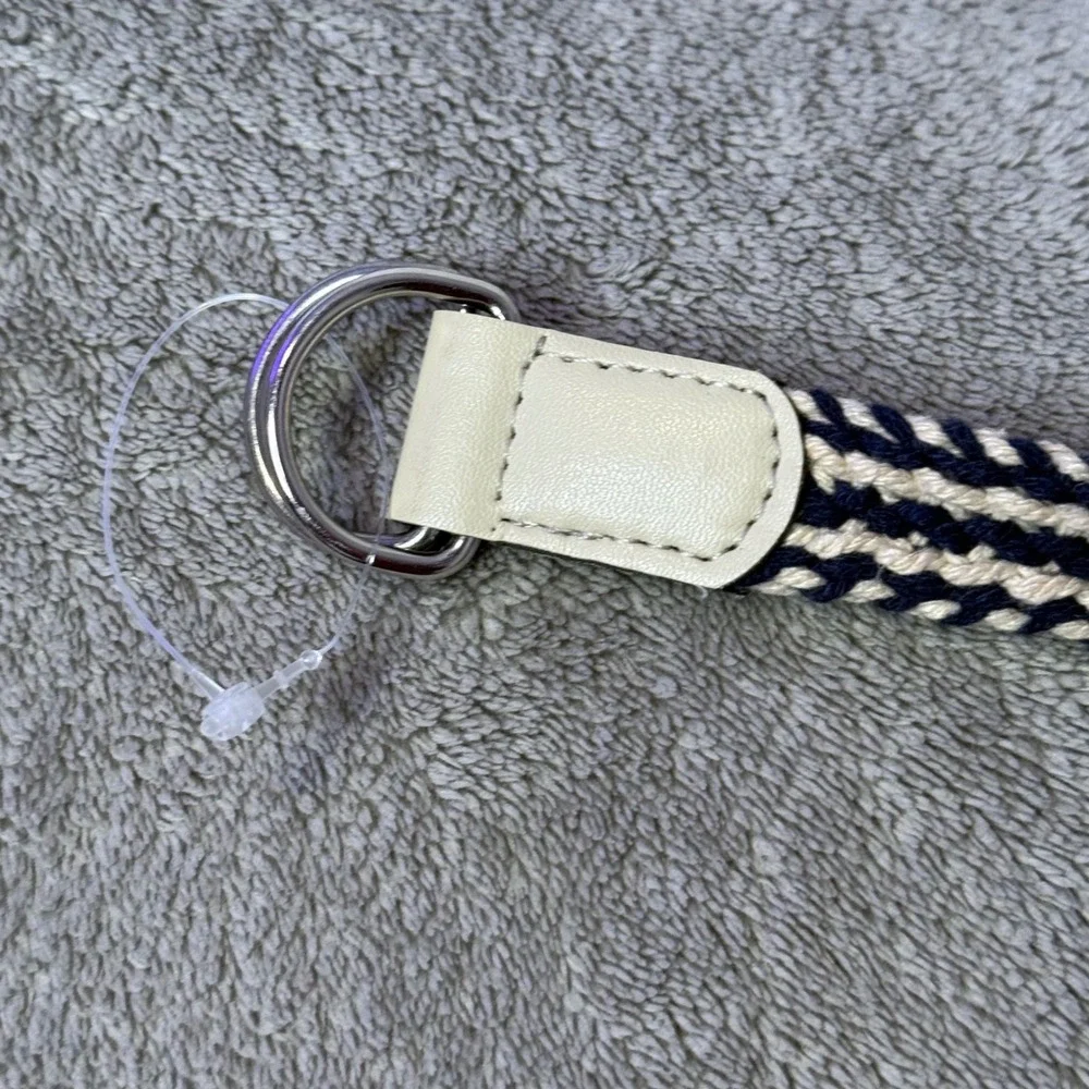 Womens Skinny Braided Rope Belt Size 12 D Ring Blue Cream Nautical Preppy BOHO